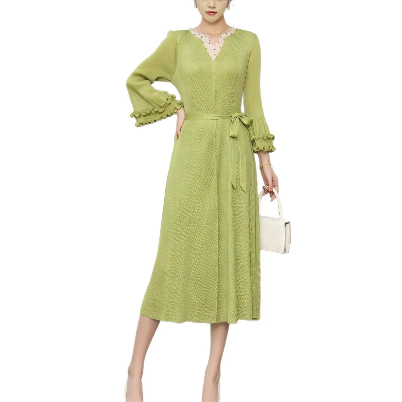 Ele Pleated Midi Dr Women's Long Sve Bell Sve Floral  A-Line Skirt Polyester Knitted Dr for Busin Casu...