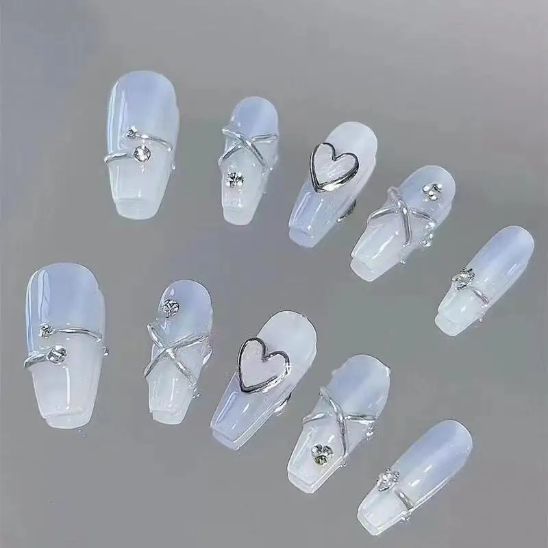 

10Pcs Gradient Blue Color Handmade Press on Nails Alloy Love Heart Shaped Fake Nails Long Ballerina False Nails Tips for Women