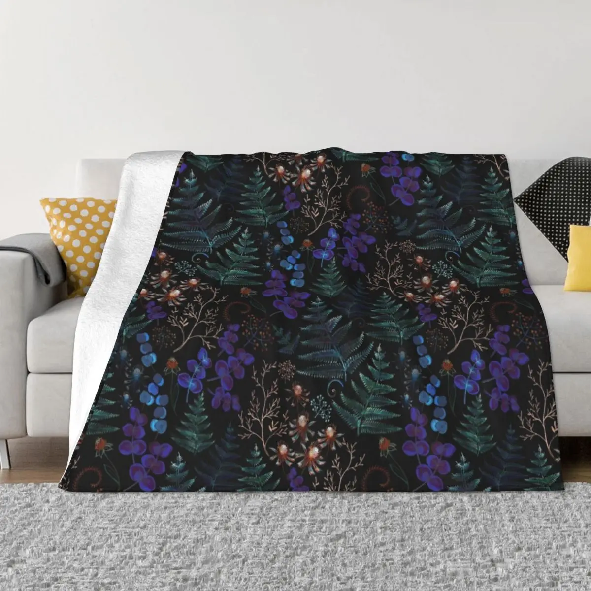 

Moody Florals with Fern Leaves on Black Throw Blanket Decorative Beds Picnic Thermal Blankets