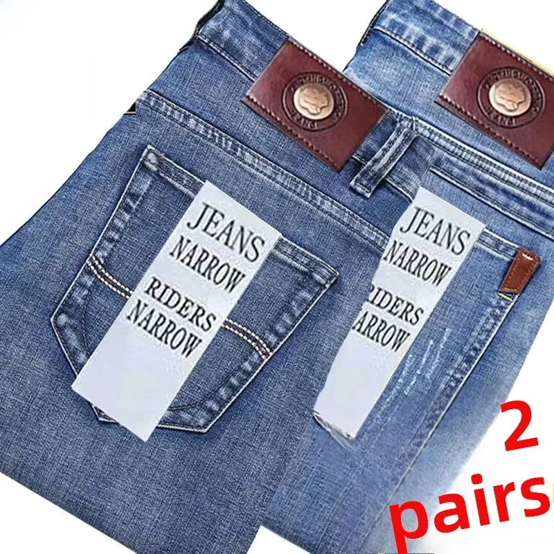 Busin Casual Thiened elastische denim jeans Heren losse rechte pijpen Casual grote maat hoge taille Slijtvaste lange broek