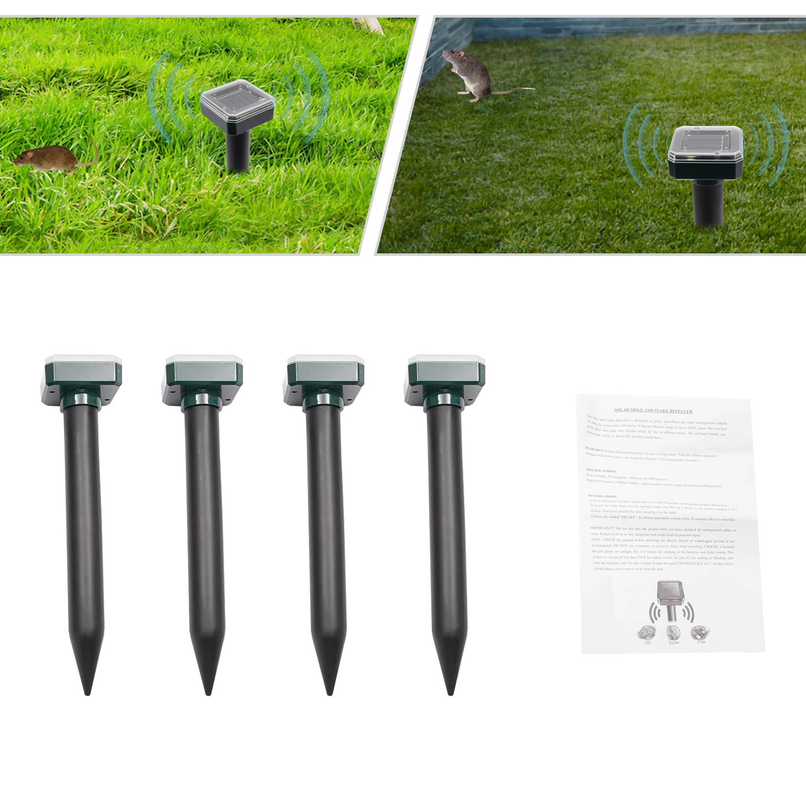 4-teiliges Set Drives Away Moles Snakes Rats, Ultraschall-Rattenvertreiber für den Außenbereich, Solar-Nagetier-Driving-Out-Gerät für Garten, Hof, Rasen