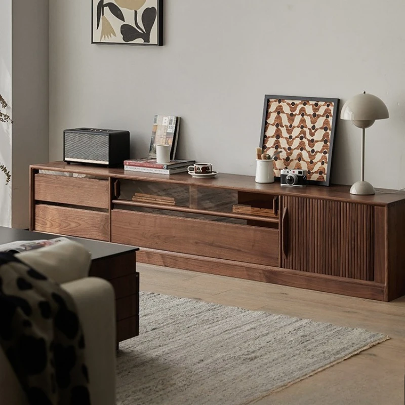 Solid wood TV cabinet North American black walnut small apartment low cabinet multi-function