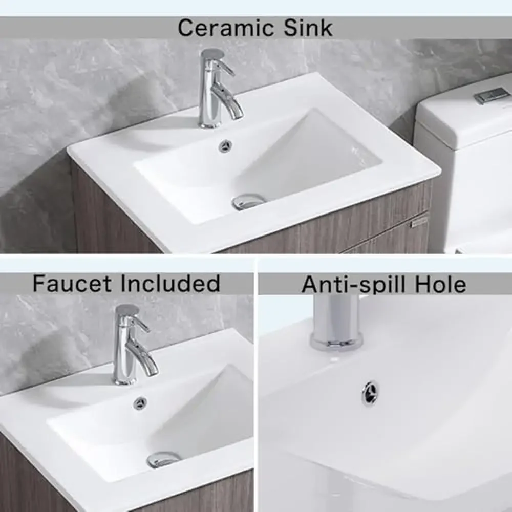 Bathroom Vanity Set Combo 24" Sink Cabinet Mirror Storage Durable Ceramic Vessel Chorme Smooth Surface High-definition Imaging