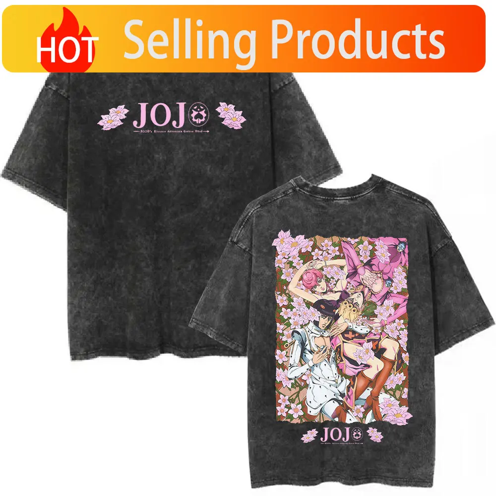 Anime JoJo Bizarre Adventure Vintage Washed T-shirt Giorno Giovanna Bruno Buccellati T-shirts Men's Women Fashion Casual T Shirt