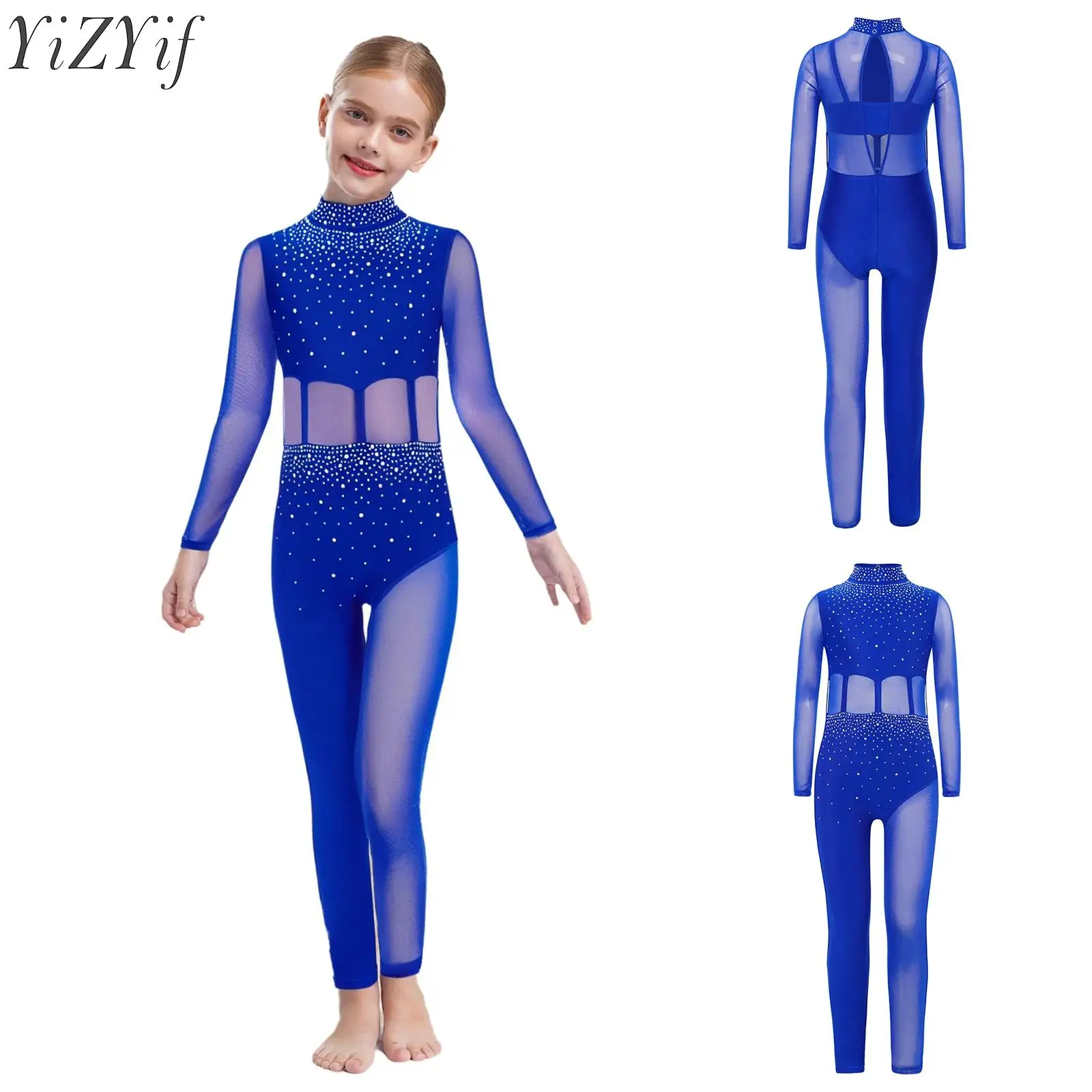Kids Girls Ballet Gymnastics Jumpsuit Sheer Mesh Full Body Leotard Mock Neck Long Sleeve Keyhole Back Sparkly Rhinestones Romper