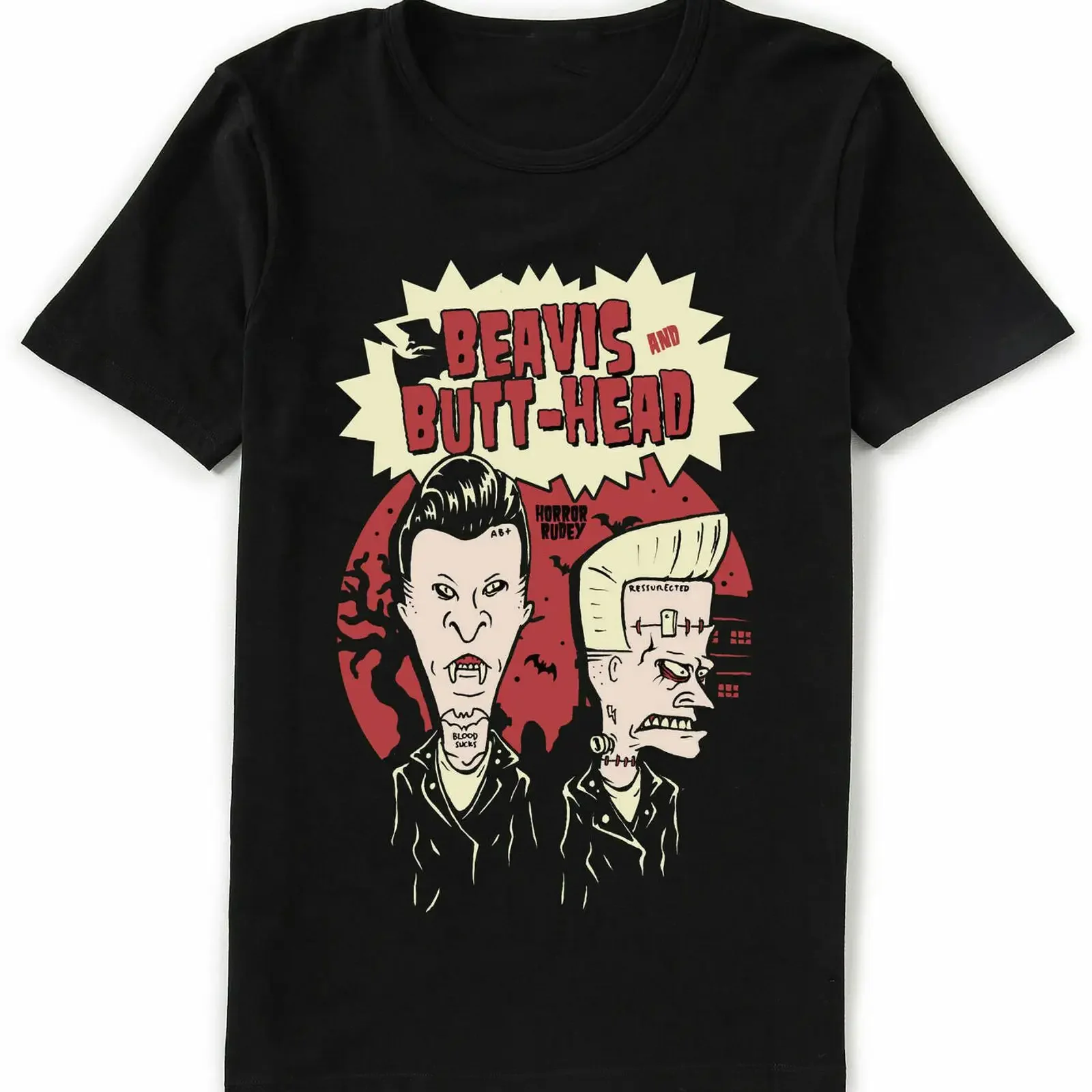 Beavis And Butthead Horror Rudey Vampire Frankenstein Men's T Shirt Size USA Heavy Cotton vintage Washed Casual Soft Breathable