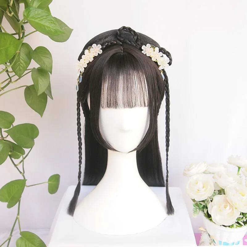 Vintage Wig Chinese Ancient Style Wig Ornament Hanfu Hair Braids of Hair Air Bangs Chinese Qin Han Dynasty Traditional Hairstyle