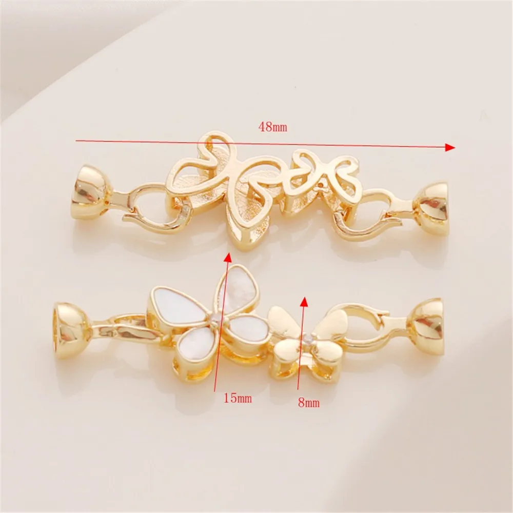 14K Gold Sticker Shell Butterfly Inlaid Zircon Double Head Buckle Necklace and Bracelet Connecting Buckle, DIY Ending Buckle