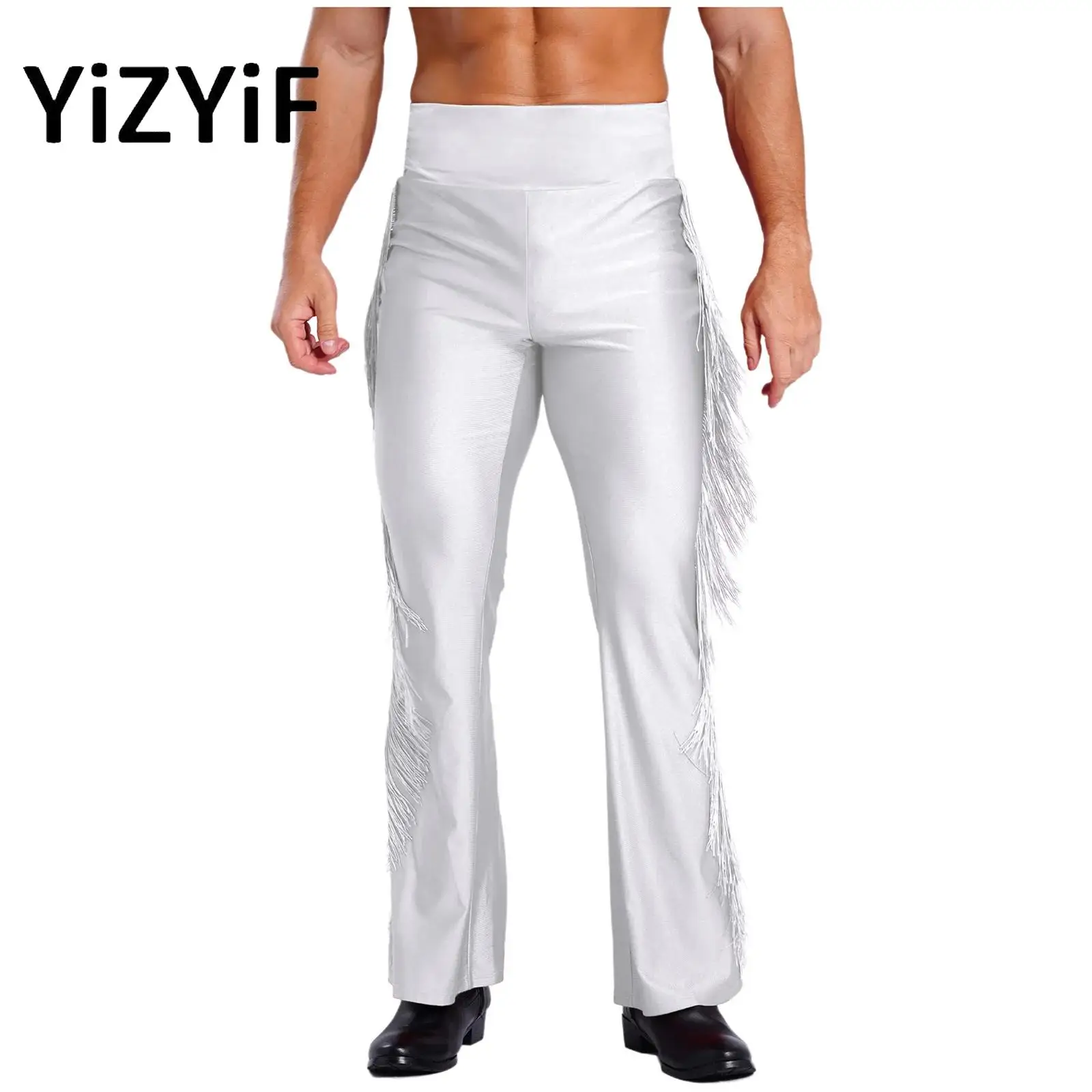 

Mens Tassel Latin Pants Vintage High Waist Bell-Bottom Flared Trousers for Stage Performance Theme Party