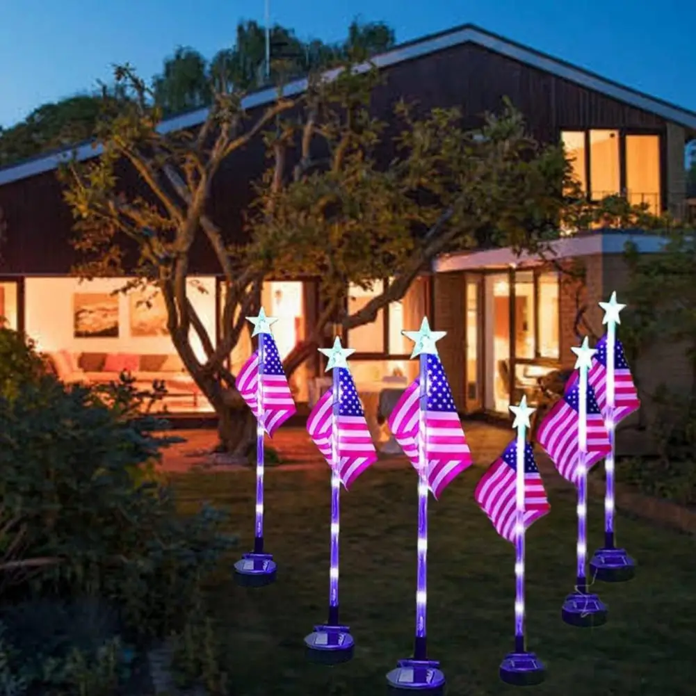 

Solar Garden Lamp Patriotic American Flag Led Pathway Stake Lights Solar Waterproof Garden Decorations White Blue for 4th