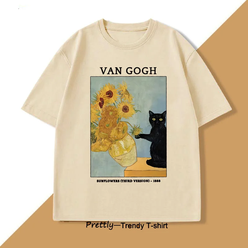 Van Gogh Sunflowers Print T-Shirt Men Women Vintage Harajuku Short Sleeve Tees Casual Round Neck Cotton Tee Shirt Clothes image 3