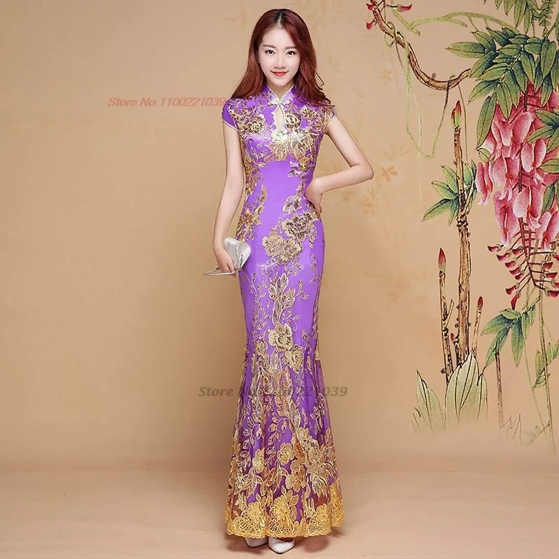 2026 chinese traditional dress cheongsam national flower embroidery improved lace qipao wedding banquet evening dress qipao