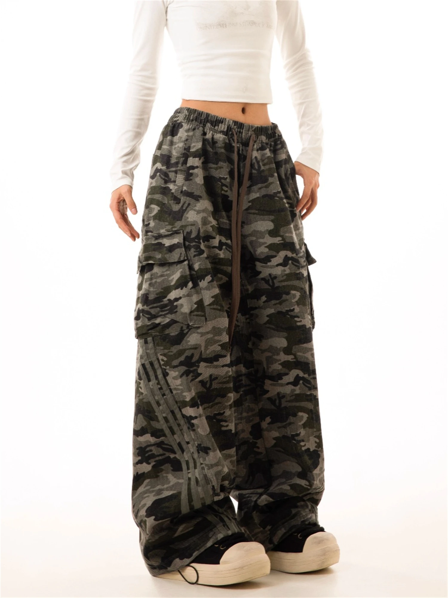 سراويل نسائية مموهة كبيرة الحجم واسعة الساق برباط الخصر وجيوب متعددة ملابس غير رسمية للسيدات #5