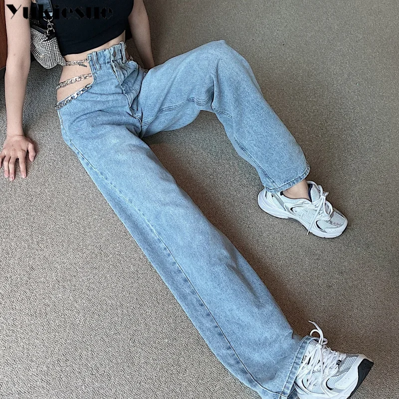 Imagem -02 - Jeans de Cintura Alta Feminino com Corrente Transversal Lateral Oco para Fora Calças de Perna Larga Jeans Feminino Elegante Moda Europeia Streetwear Sexy