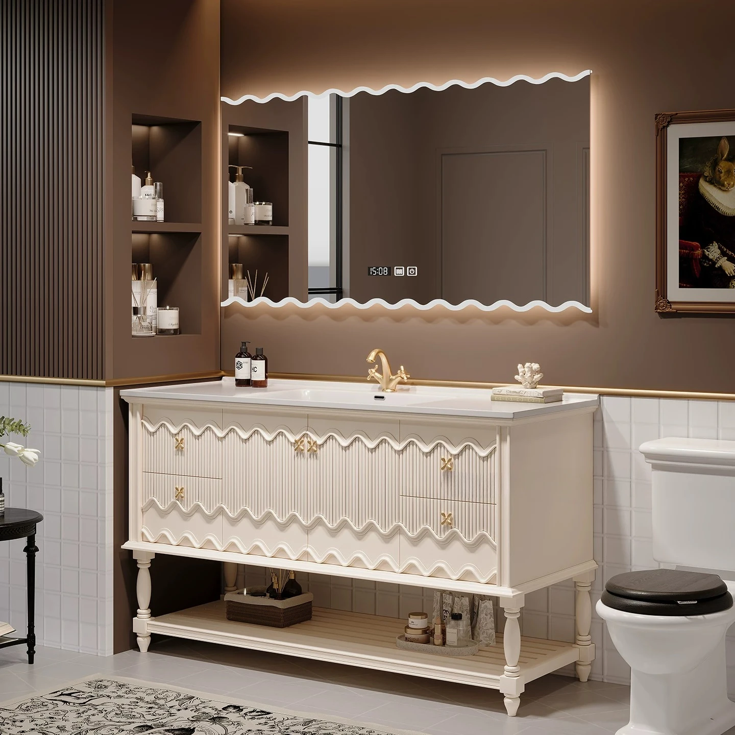 

French retro oak floor-to-ceiling bathroom cabinet combination American toilet sink