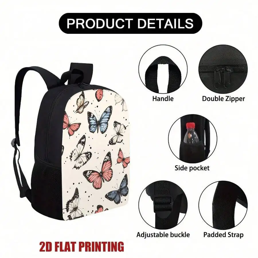 

Butterfly Print Cream Backpack With Double Zipper, Adjustable Padded Straps, Side Pocket For Adults