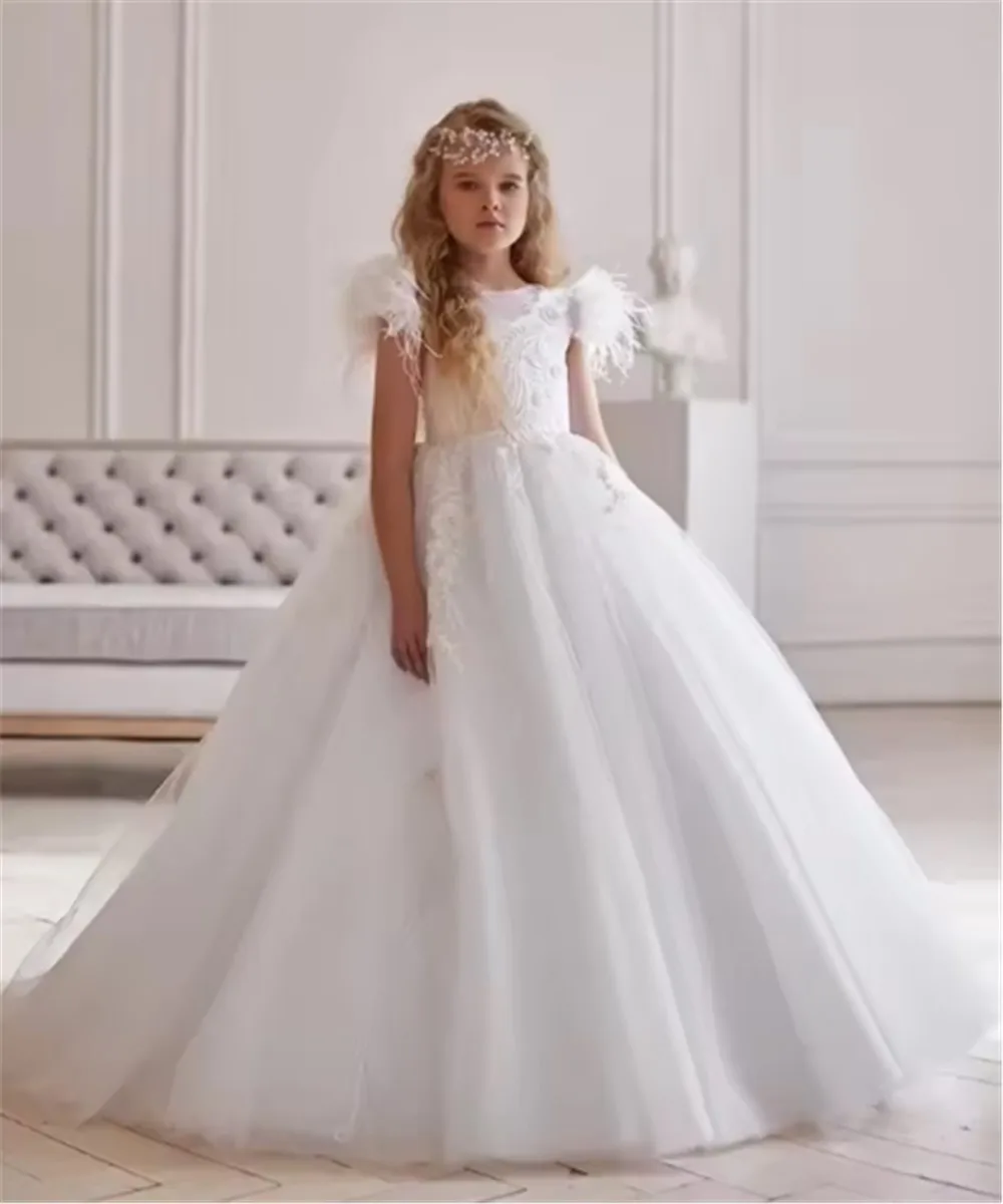 

Elegant Flower Girl Dresses For Weddings Appliques Feather Long Ball Gown Princess Birthday Prom First Communion Dresses