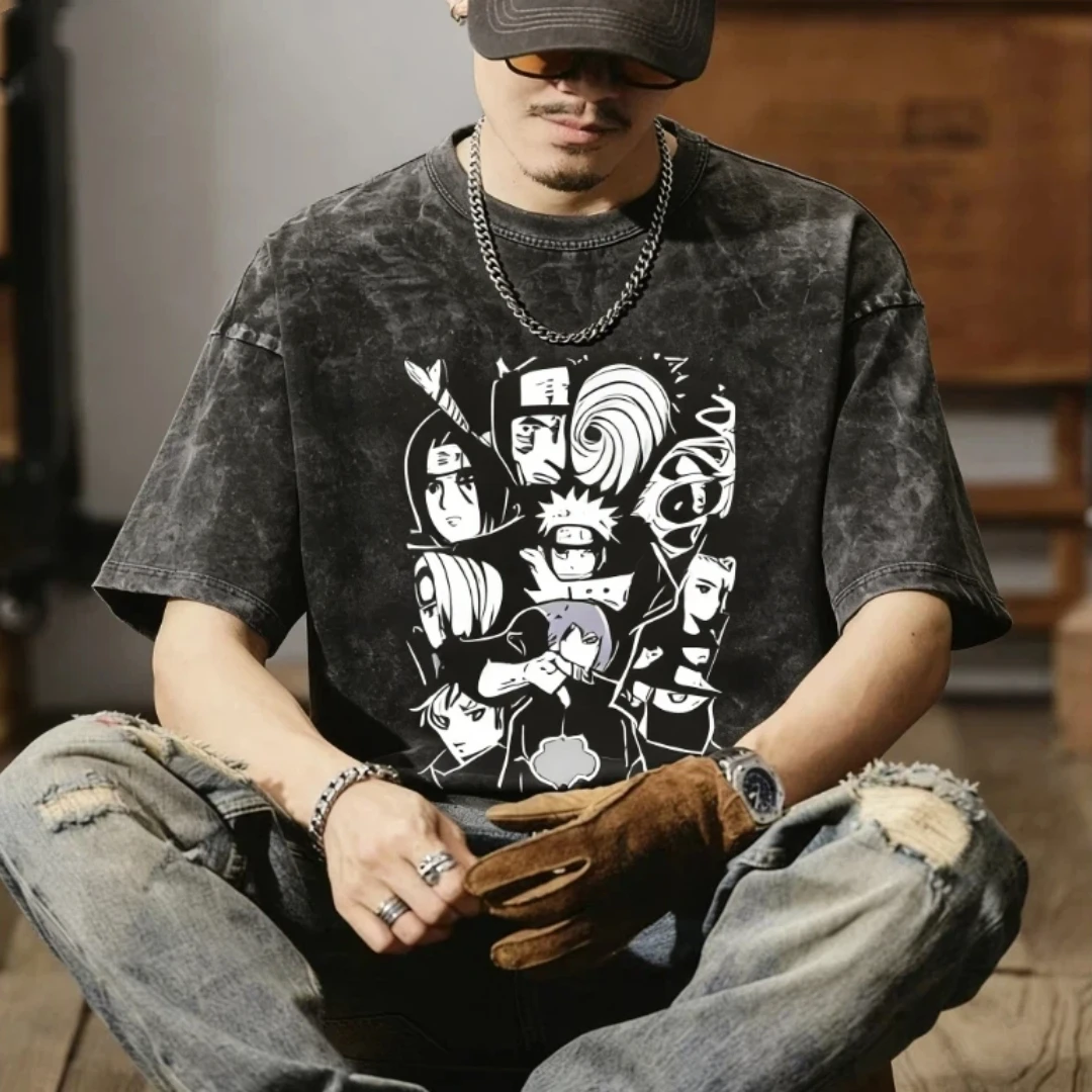 Camiseta con efecto desgastado Naruto para hombre y mujer, estilo streetwear de algodón suelto con lavado ácido, estampado gráfico de anime, camiseta vintage bootleg, regalos