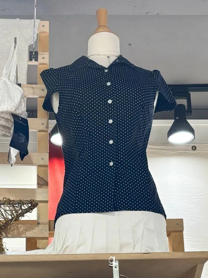 

New Polka Dot Navy Slim T-shirt Blouse Woman Lapel Single Breasted Short Sleeve Shirts Summer Vintage Streetwear Sweet Tshirt