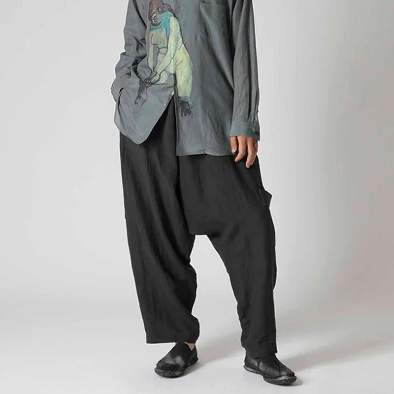 YOJI OOAK التصميم الأصلي الكتان تصميم غير متماثل منخفضة المنشعب السراويل عارضة رسم حبل الخصر خط مفتوح السراويل عارضة