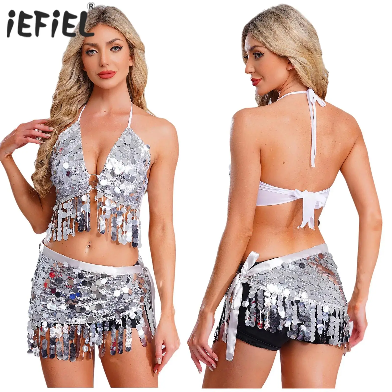 أطقم رقص شرقي للسيدات أزياء راقصة الباليه لأداء المسرح ترتر لامع قصير وشاح الورك شرابة الدانتيل يصل ملابس الجاز