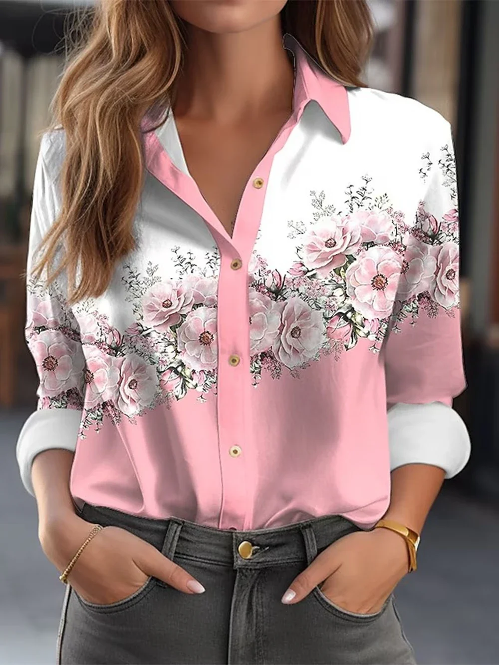 

Women shirts & blouses Pink Light Green Floral Button Print Long Sleeve Elegant shirt party Fashion Shirt Female clothing Blouse