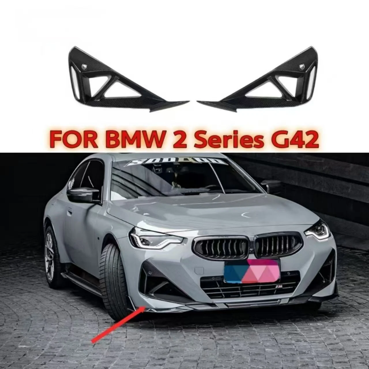 

Dry Carbon Fiber Front Bumper Air Intake Vent Canards Splitter For 2 Series G42 M240i M235i 2022-IN Front Side Fender Fog Light