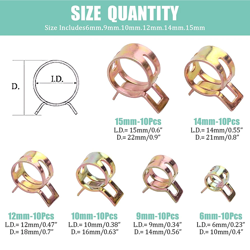 60Pcs Fuel Silicone Vacuum Hose Spring Band Type Action Pipe Clamp Low Pressure Air Clip Clamp SIZE: 6mm 9mm 10mm 12mm 14mm 15mm