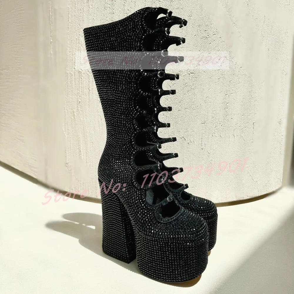 Studded Crystals Platform Buckle Strap Boots Hot Girls Fashion Block High Heels Knee Length Boots Women Party Lolita Punk Shoes