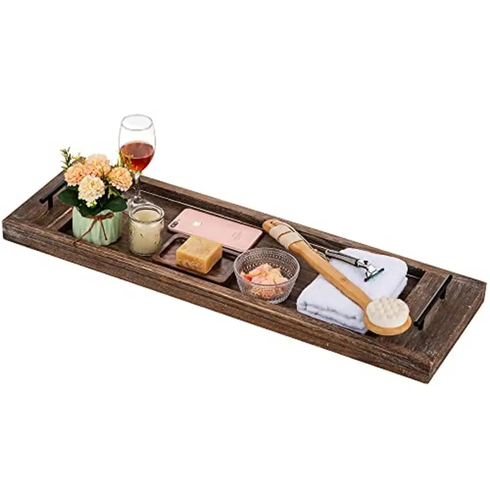 

Wooden Bath Caddy Tray Rustic Tub Shelf Across Bathtub Serving Handles Luxury Spa Relaxation Organizer Soaps Towels Wine Glass