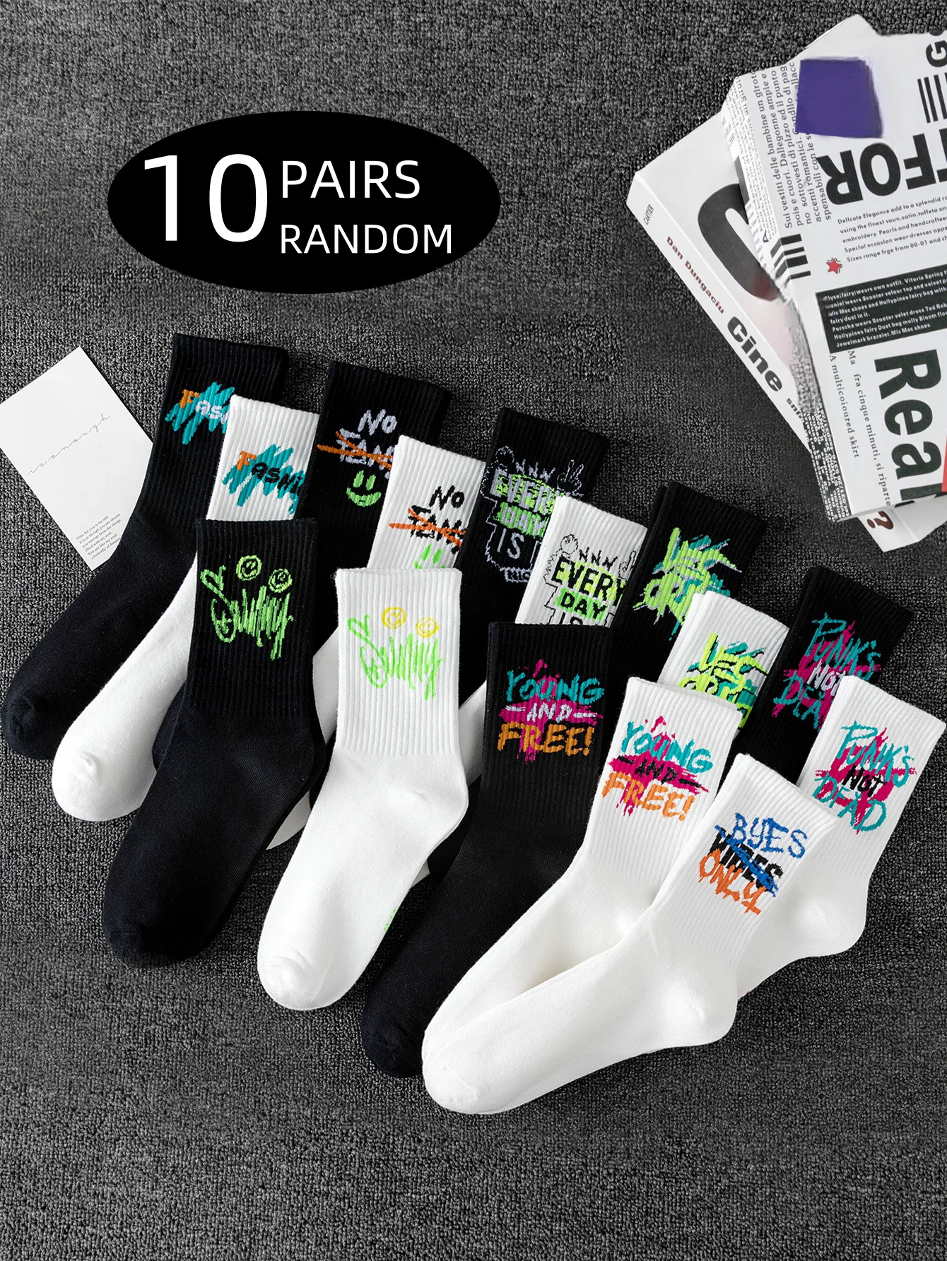 10 pairs of random style men\'s mid-calf socks with graffiti designs, versatile and casual sports style, soft and comfortable, mo