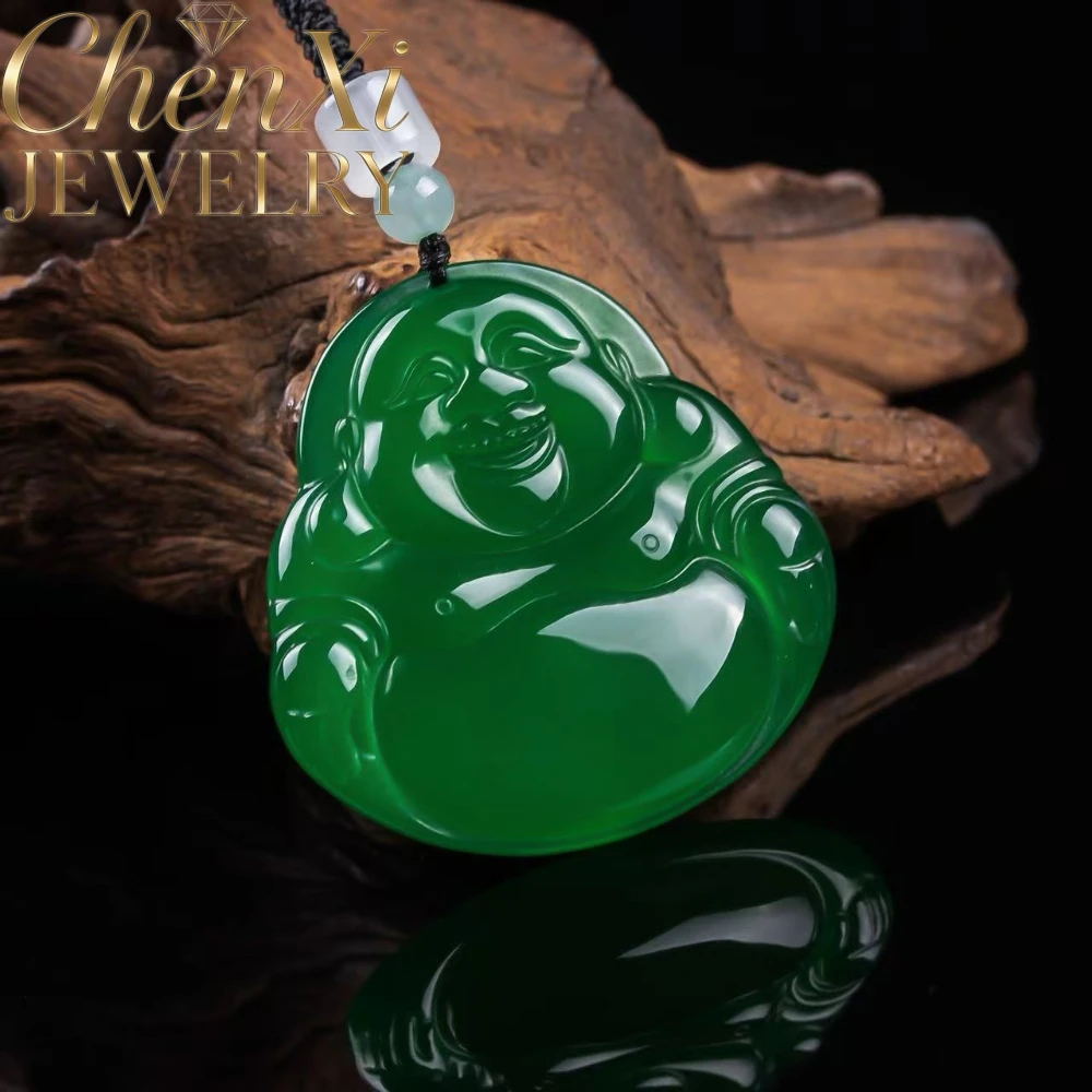 Natural Green Agate Buddha Pendant Hand Carved Laughing Buddha Figure Charm  Trendy Unisex Gemstone Pendant Jewelry Daily Wear