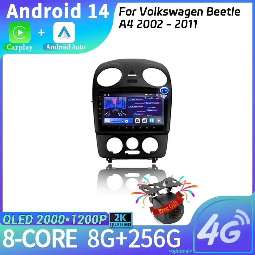 

Автомобильный радиоприемник Android 14, мультимедийная навигация, беспроводной стереоэкран Carplay для Volkswagen Beetle A4 2002-2011, WIFI 2DIN