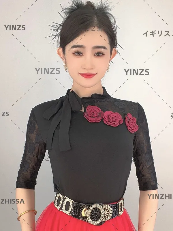 top-de-danza-moderna-para-mujer-ropa-de-baile-con-encaje-nudo-de-flor-rosa-uniforme-de-baile-latino-cuadrado-tela-de-poliester-adelgazante