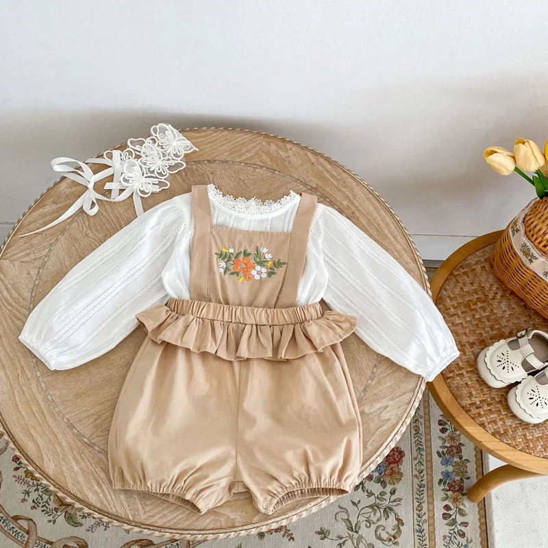 Autumn new 0-3 year old baby set for baby   girl with jacquard long sleeved top and embroidered overalls