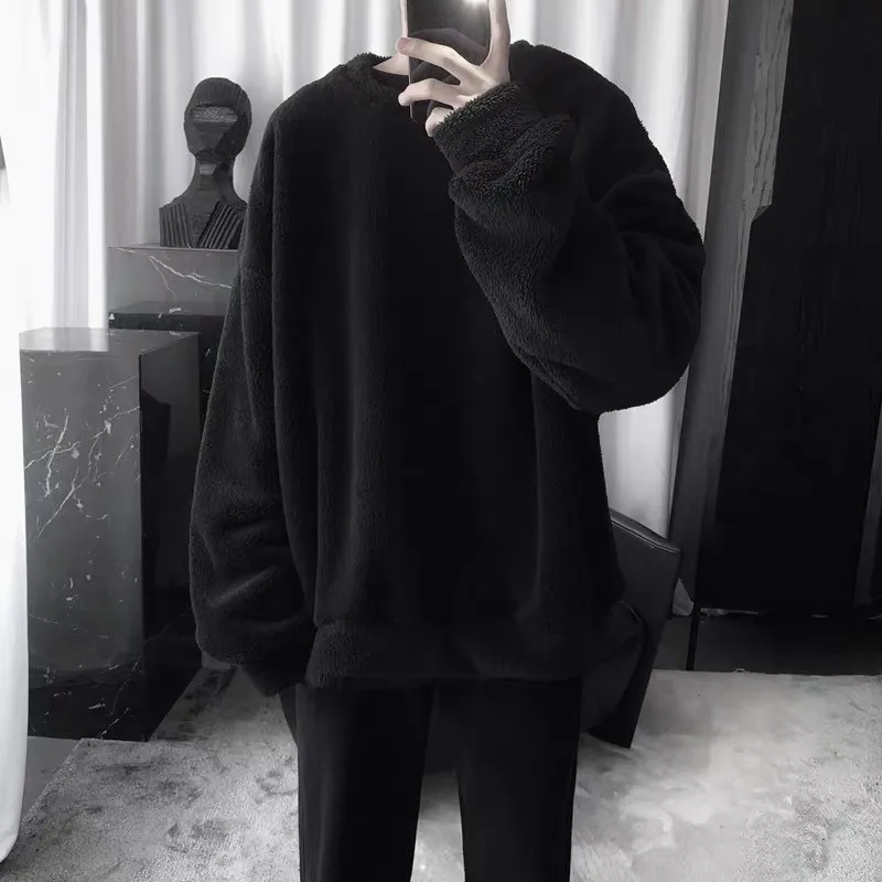 Oversize Sweatshirt Solid Color Lamb Hair O-Neck Long Sleeve Men\'s Sweatshirt Korean Fashion Loose Hoodies Streetwear Harajuku