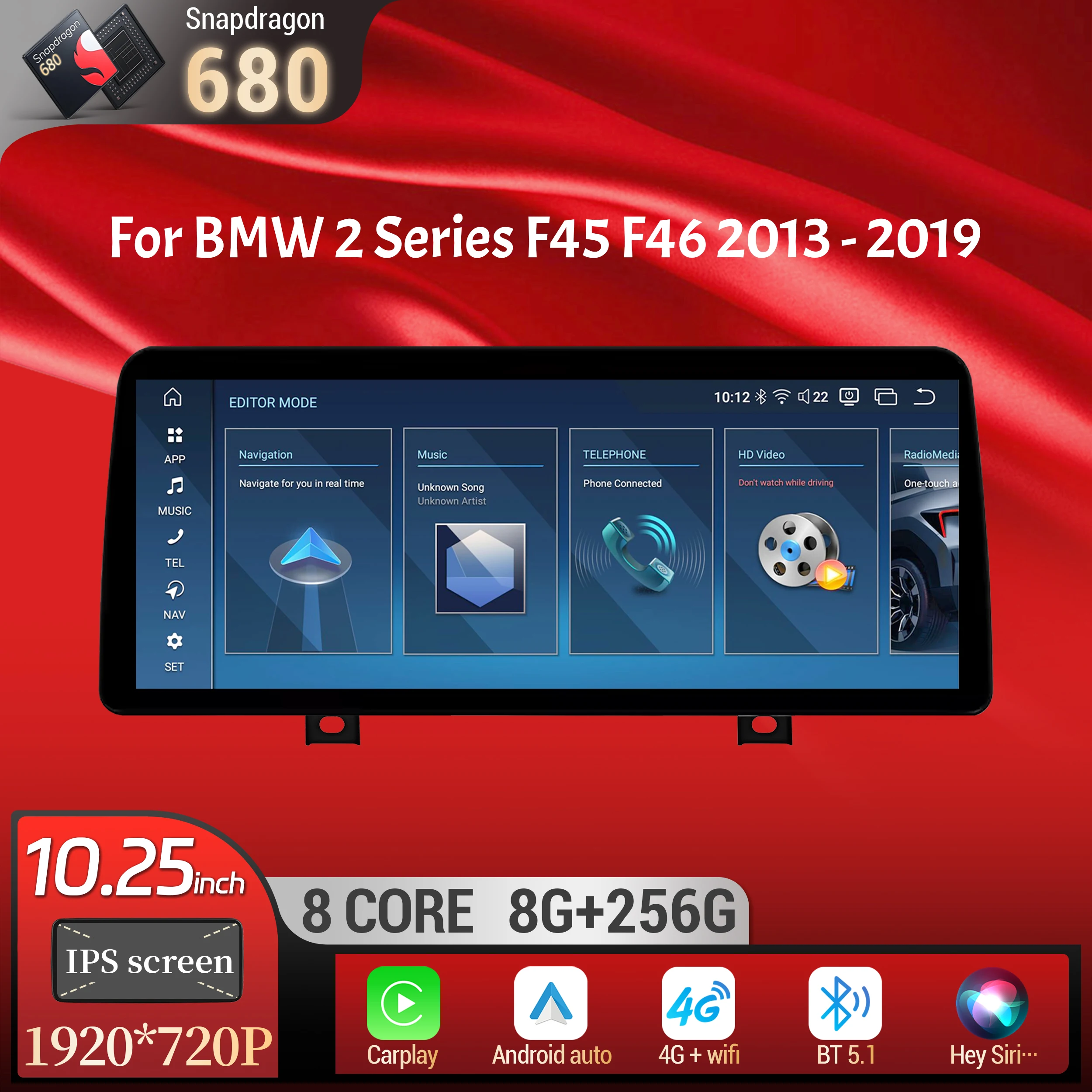

10.25 inch Android 14 4G Car Radio Wireless Bluetooth Carplay Snapdragon 680 Head Unit Screen For BMW 2 Series F45 F46 2013-2019