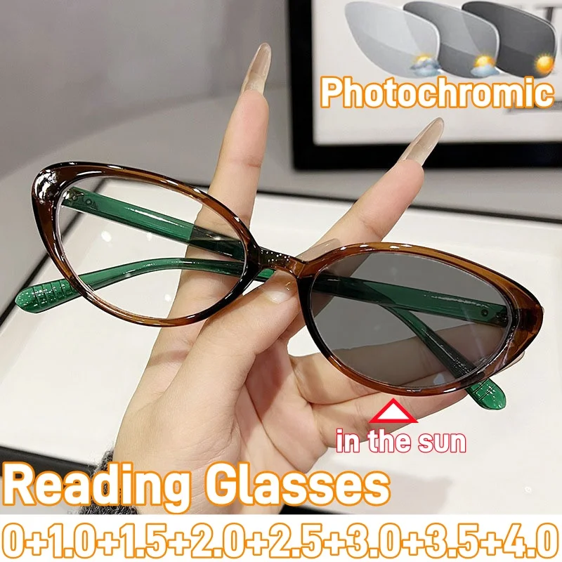 

New Trendy Photochromic Reading Glasses Women Fashion Cat Eye Frame Presbyopia Eyewear Men Color Changing Far Sight Eyeglasses