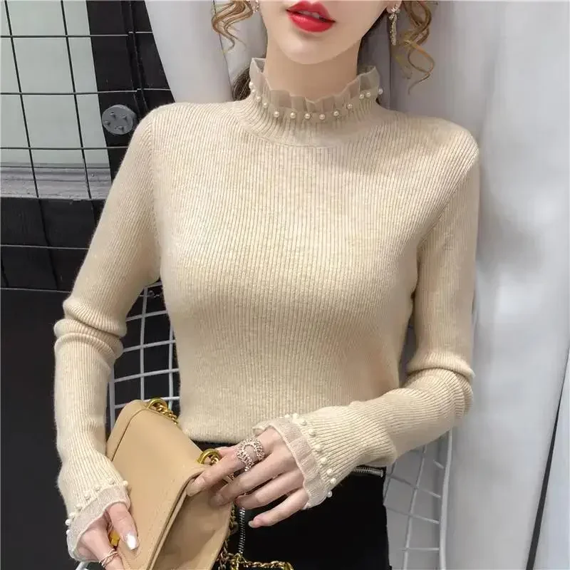 Ladies Lace Stitching Nail Bead Pullover Sweater Women Clothes Girls Autumn Casual Knitwear Female Woman Sweaters BPy1606