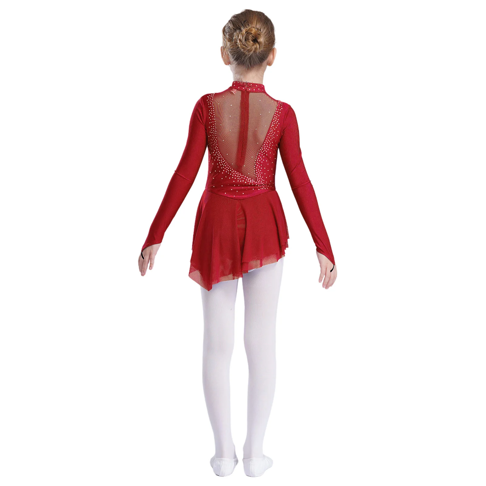 Kids Girls Rhinestone Figure Skating Leotard Long Sleeves Sheer Mesh Splice Ballet Bodysuit Rhythmic Gymnastic Performance Wear