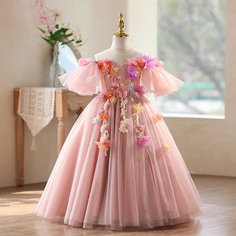 LJW New Girl Long Dress Flower Girl Chiffon Dress Beauty Pageant Costume 4-12 Years Old Birthday Children Party Clothes
