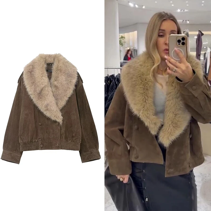 

Women Faux Fur Collar Jacket 2025 Autumn Winter Women's Suede Coat Long Sleeve Loose Female Streetwear Casual New Outerwear