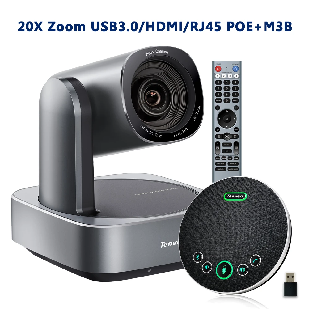 Cámara PTZ Tenveo VL20N NDI con IA, Zoom Óptico 20X, USB/HDMI/PoE y Sistema de Micrófono y Altavoz M3B con Alcance de Captación de 5 Metros y 4 Micrófonos de 5W