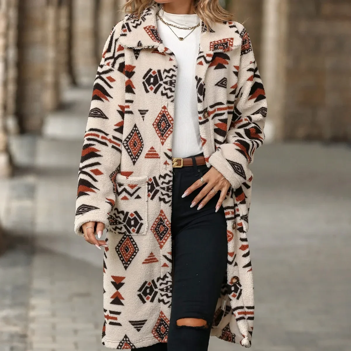 Single Breasted National Style Plush Coat Winter Loose Long Fluffy Overcoat Outerwear Fashion Print Plush Long Jacket for Women