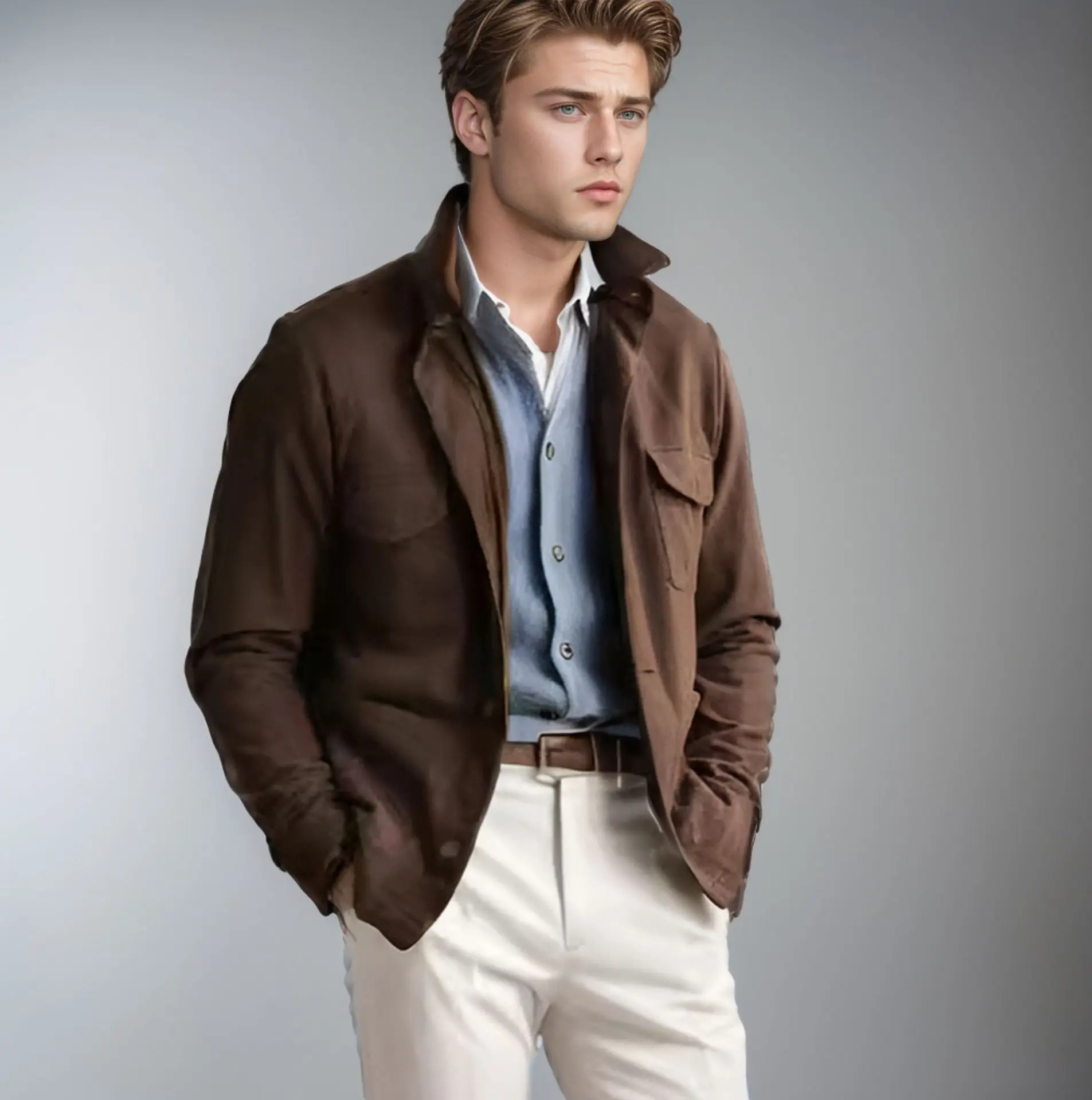 

2024 Solid Color Men's Jacket Spring And Autumn Multi-pocket Long-sleeved Lapel Collar Fashion Top Trendy And Versatile