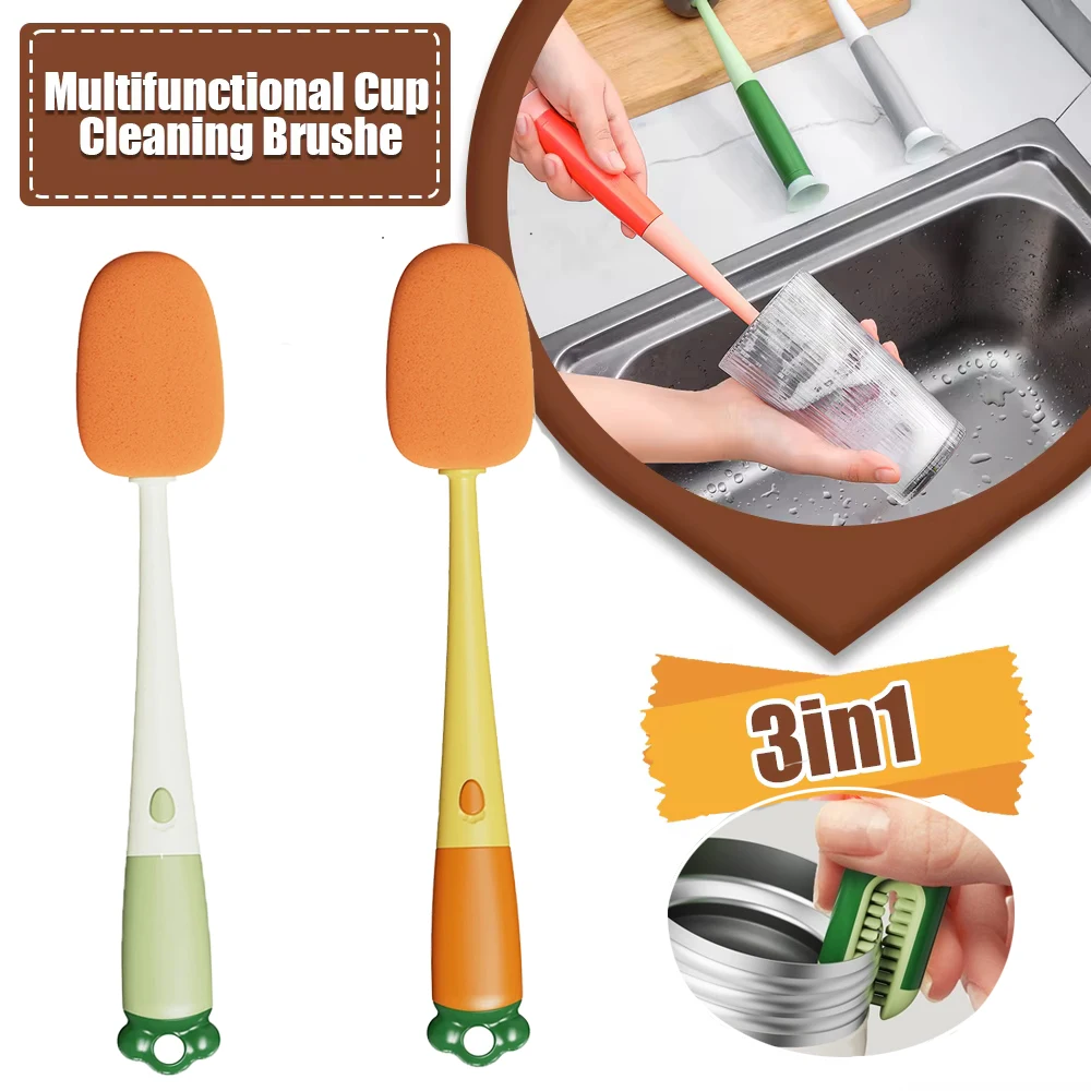 

3-In-1 Multi-Functional Cup Brush Carrot Shape Cleaning Brush, Sponge Brush Long Handle Water Bottle Cleaning Brush Cup Cap Gap