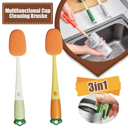 3-In-1 Multi-Functional Cup Brush Carrot Shape Cleaning Brush, Sponge Brush Long Handle Water Bottle Cleaning Brush Cup Cap Gap