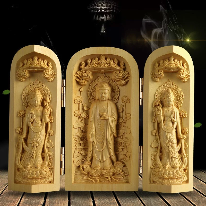 1Pc Exquisite Boxwood Carving Guanyin Buddha Statue Western Sansheng Wood Carving Crafts Home Decoration