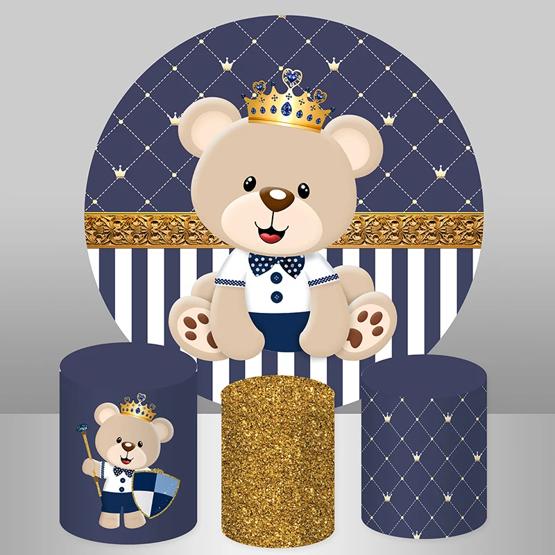 Dark Blue Gold Glitter Bear Baby Shower Round Backdrop Cover Boys Newborn Baptism 1st Birthday Party Background Plinth Covers