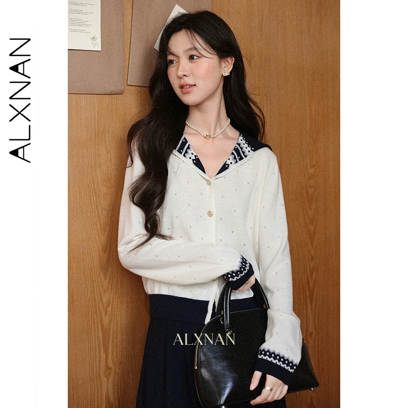 

ALXNAN Apricot Cardigans Contrast Color Shawl Long Sleeves Knitted Sweater V-neck Hollow Out Casual Commuting Ladies Tops L57625